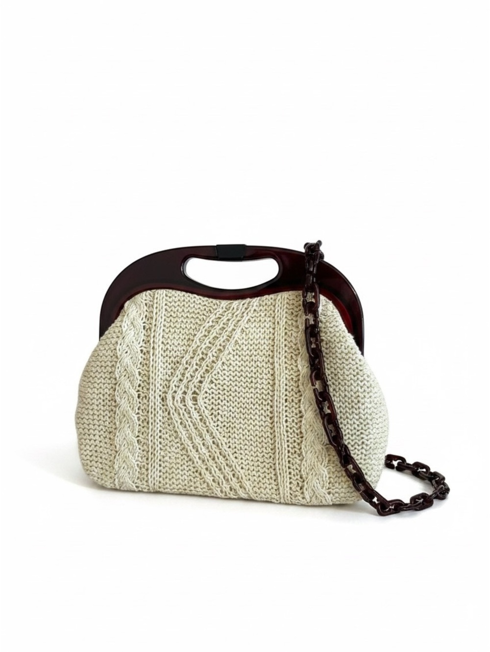 Vintage 70s Cream Knit Handbag with Brown Acrylic Chain Handle